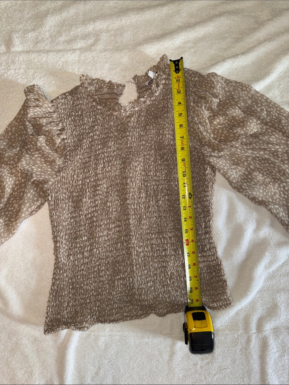 Express Neutral Smocked Ruffled Neck Blouse - Picture 3 of 7